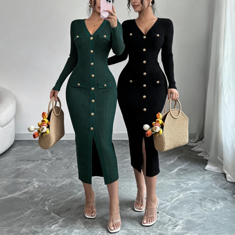 Ladies V Neck Knit Maxi Dress Gold Button Decor Front Slit Long Sleeve Elastic Ribbed Bodycon Slim Casual Women Party Knit Dress