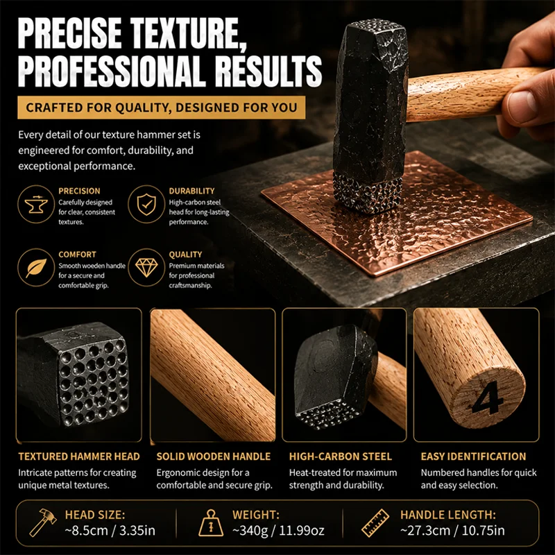 PHYHOO Professional Metal Texture Hammer for Jewelry Making Premium High Carbon Steel Texturing Craftsmith Tool with Wood Handle