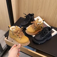 21-30 Fashion Children's Boots Winter Thickened Boys Girls' Anti Slip Warm Leather Boots Side Zipper Solid Kids Casual Shoes