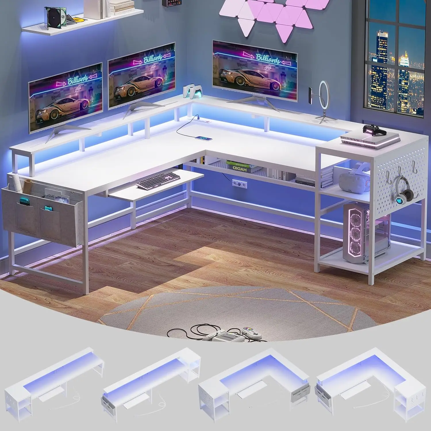 L Shaped Gaming Desk, Gaming Desk with Power Outlets and LED Strip, Monitor Shelf, Keyboard Tray, Pegboard and Storage Shelves 2