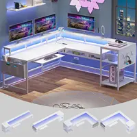 L Shaped Gaming Desk, Gaming Desk with Power Outlets and LED Strip, Monitor Shelf, Keyboard Tray, Pegboard and Storage Shelves 2