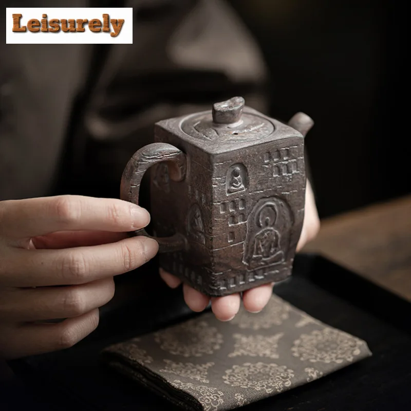150ml Thousand Buddha Square Teapot Japanese Old Rock Mud Tea Infuser Pot Tea Brewing Kettle With Filter Teaware Collection Gift