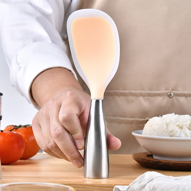 304 Stainless Steel Handle Rice Spoon Non-stick Silicone Serving Soup Scoop Dish Scrapers Kitchen Tools Heat Resistant