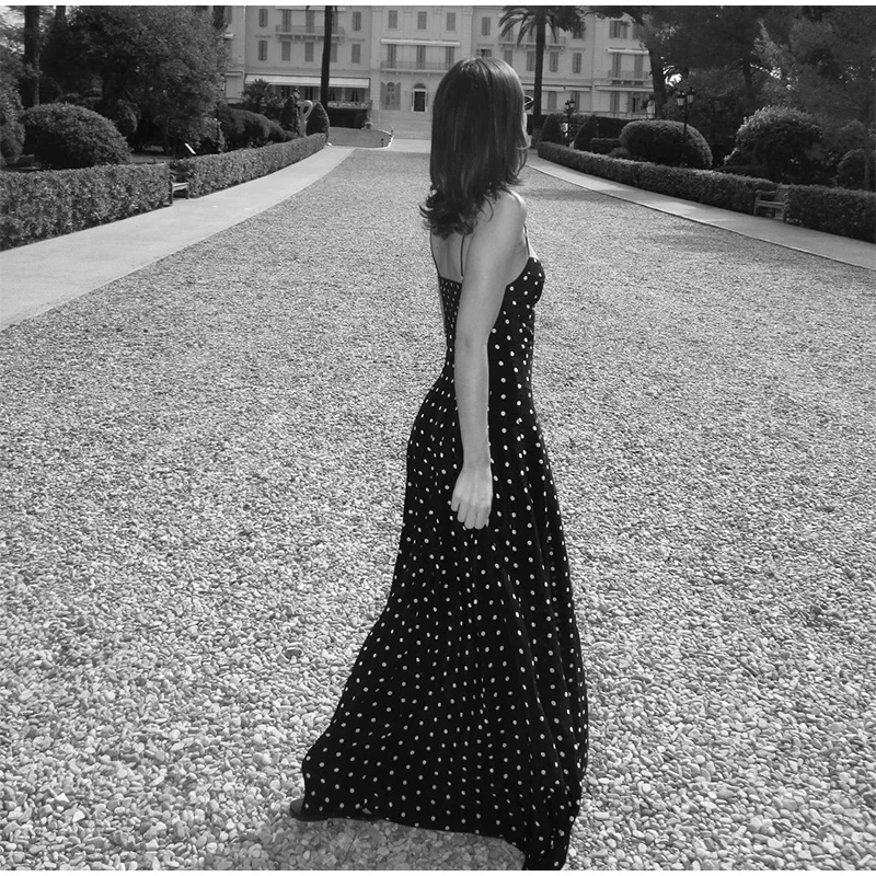 Elegant Dot Strapless Maxi Dress Women Pleat V-neck Sleeveless Backless High Waist A-line Dresses 2025 Summer Vacation Robes New