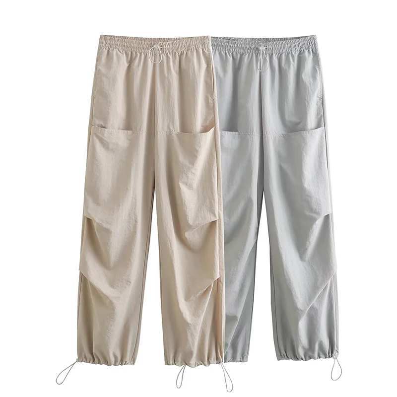 

YENKYE Summer Women Pockets Nylon Pants Vintage Elastic Mid Waist Pleated Hem Adjustable Versatile Female Trousers