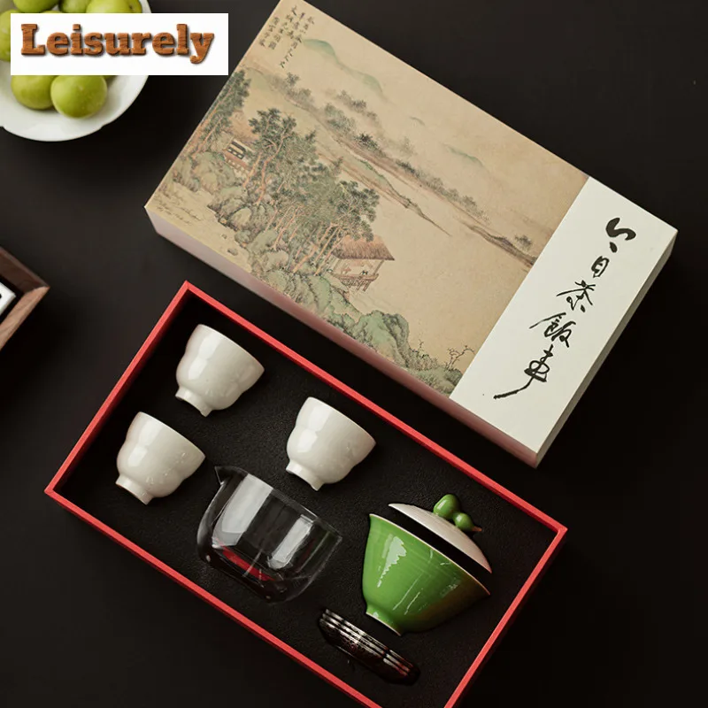 Retro Plant Ash Gourd Fortune Ceramic Tea Set Complete Set Japanese Tea Ceremony Set Green Teapot And Tea Cup Set Drinkware Gift