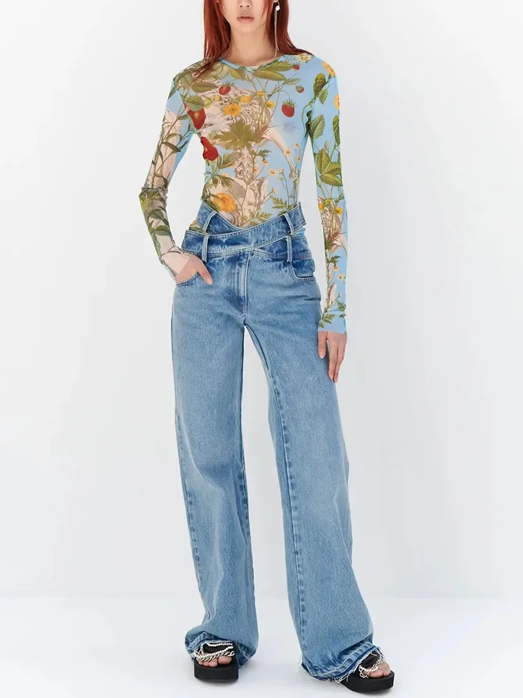

y2k spring and summer hollow cross drawstring waist cotton jeans for women2024korean fashion casual straight Woman trousers