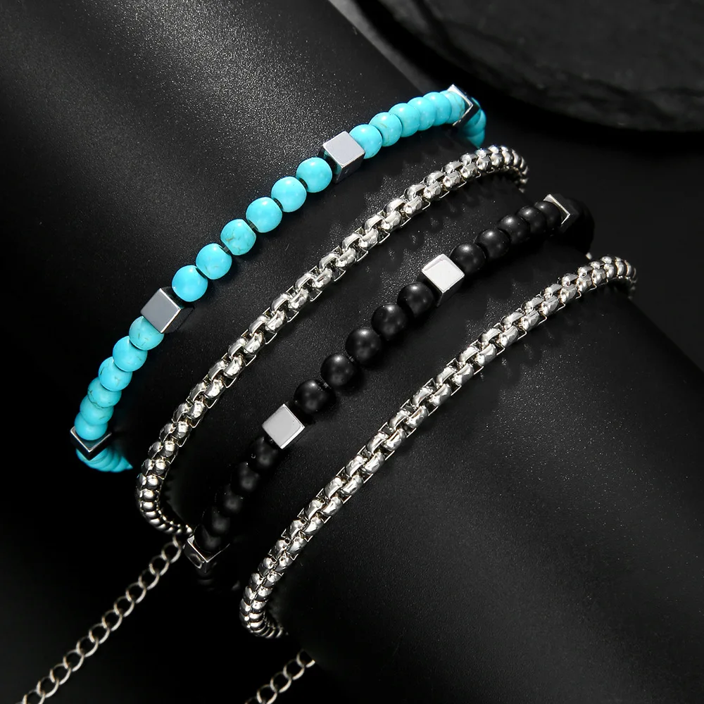 Stainless Steel Cuban Chain Bracelet Set for Men with Onyx Beads