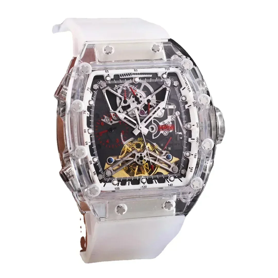 

Роскошные новые мужские часы-скелетоны из белого пластика Автоматические Механические Спортивные часы с турбийоном