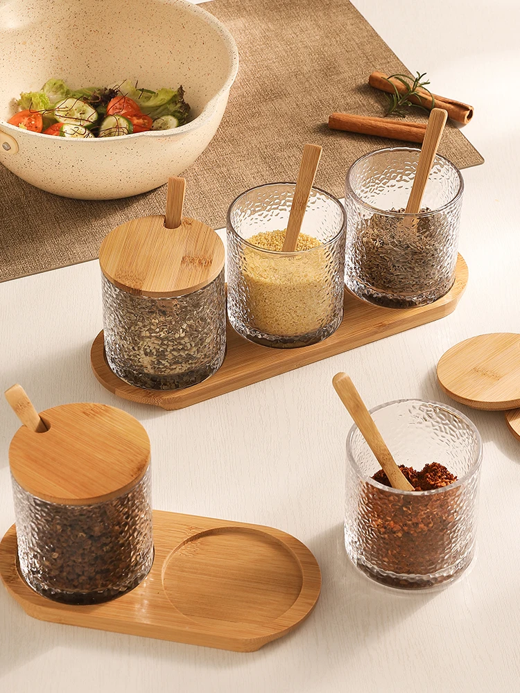 Set of 3 Glass Spice Jars With Bamboo Lids and Spoon on a Bamboo Tray 350ml  