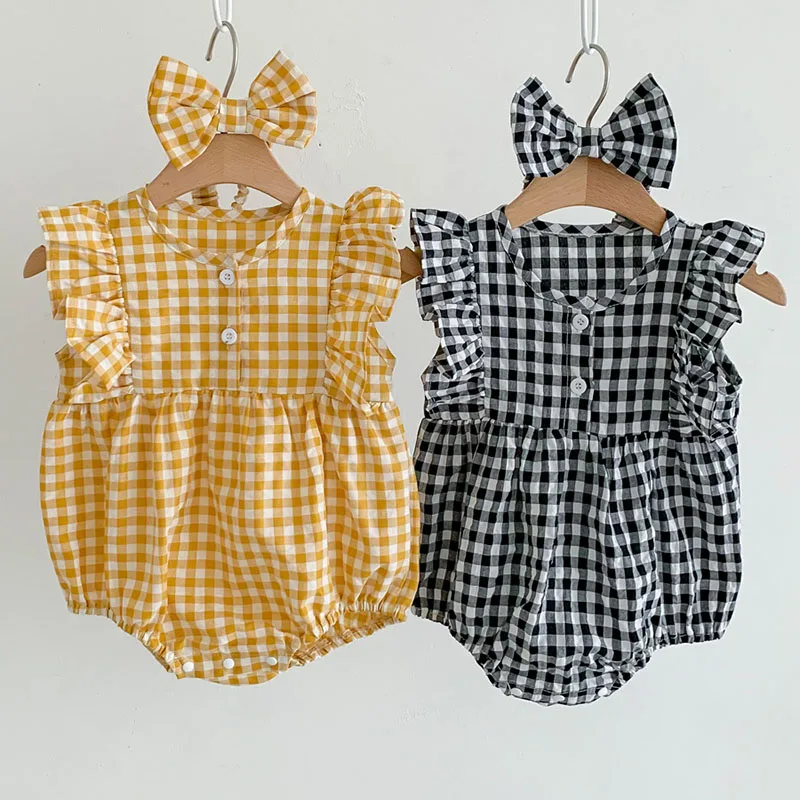 

Summer Infant Clothes Baby Girl Rompers Cute Bodysuit Plaid Flying Sleeve Newborn Jumpsuits Sweet Cotton Toddler Clothing