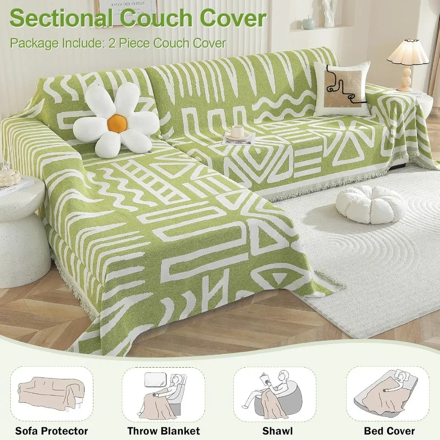 Boho Sectional Couch Covers 2 Pieces L Shaped Sofa Cover for Living Room and Bedroom Chenille Fabric Couch Cover with Washable