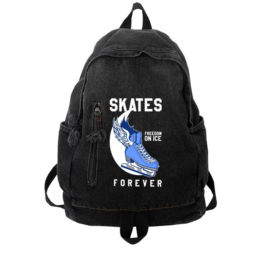 

Denim School Bag Funny Skates Freedom Pattern Printed Ladies Women Travel Backpacks Man Hip Hop Students Harajuku Backpack