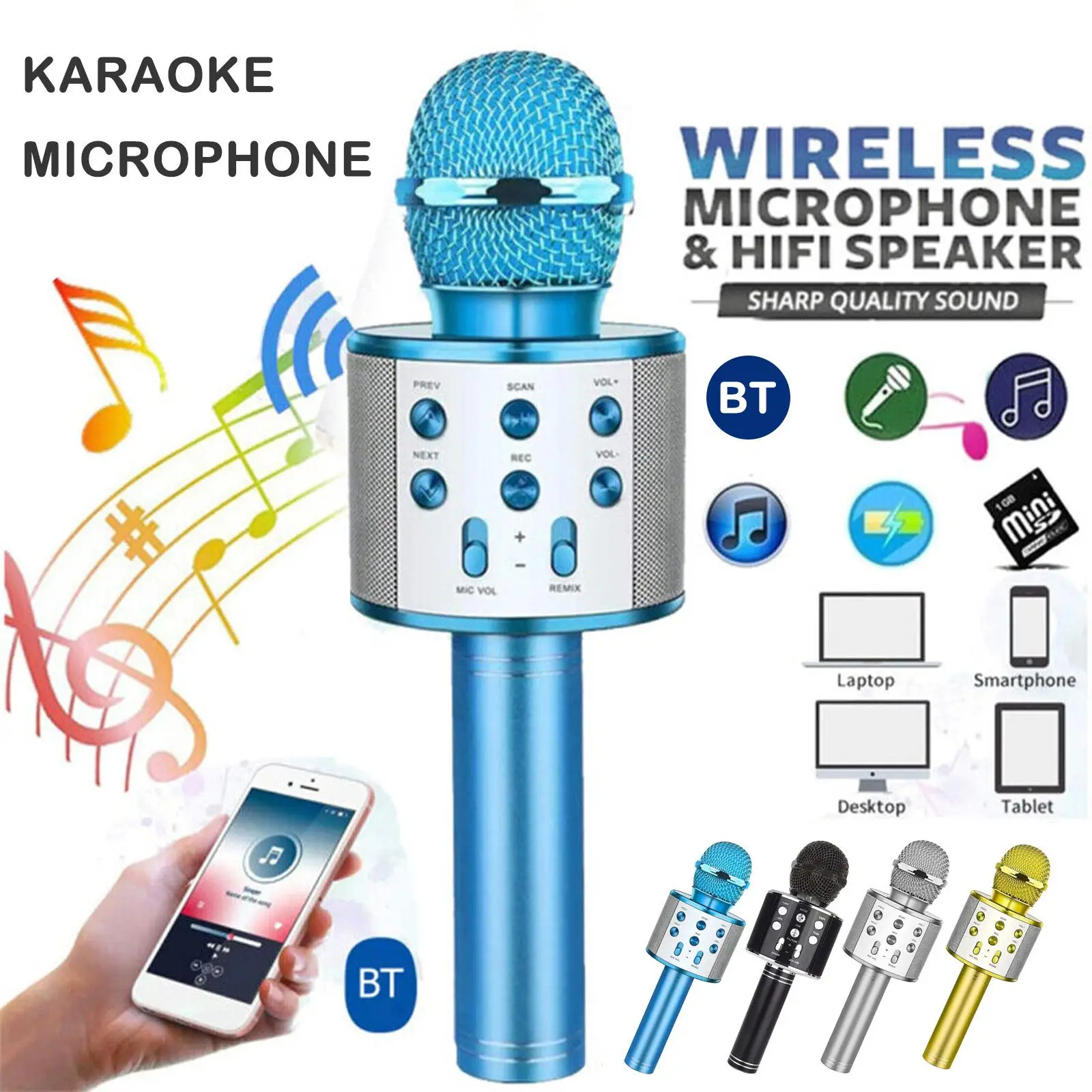 Bluetooth-Совместимый Беспроводной микрофон для караоке, Профессиональный  диктофон, ручной микрофон 2023 проигрыватель, микрофон для пения Gi O6F7