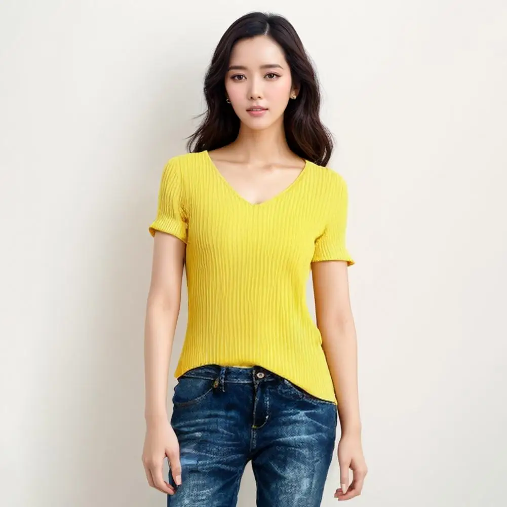 

Lightweight Women Tops Women T-shirt Solid Color V-neck Ribbed Knit Women's Summer T-shirt Regular Fit Short Sleeve Tee for Work