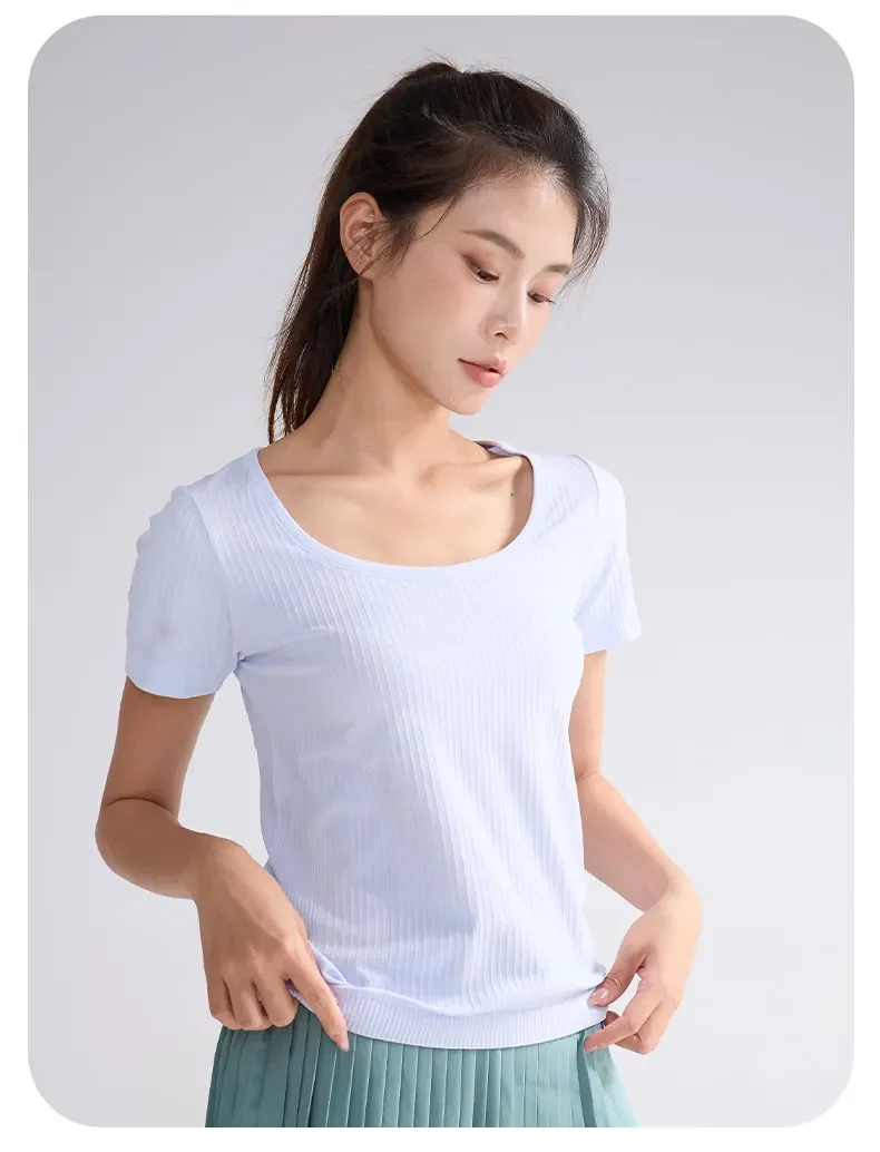 Description Picture 6 of itemYoga Sports Threaded Short Sleeved Women with Fixed Chest Pads Fitness Yoga Clothes Summer Thin Oversized Fitness Short Sleeved