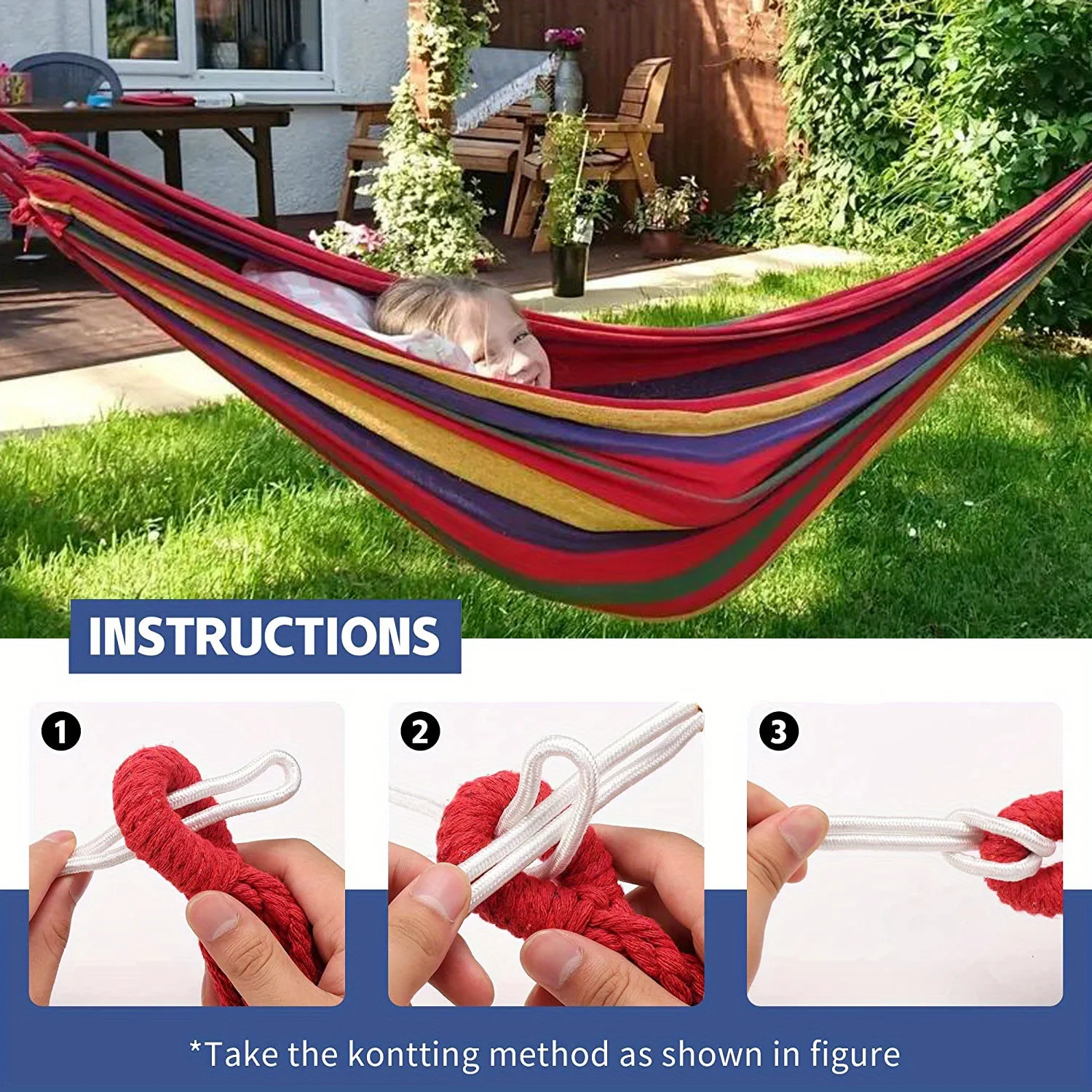 Striped Portable Camping Hammock, Garden Camping Hammock, Colorful Fabric Hammock with Handbag and Ropes, Anti-Roll Design for Comfortable Sleeping, Anti-Tip Structure with Binding Straps and Storage Bag Included