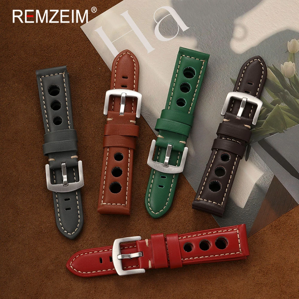 Men's Vintage Perforated Genuine Leather Watch Band - Breathable Replacement Strap