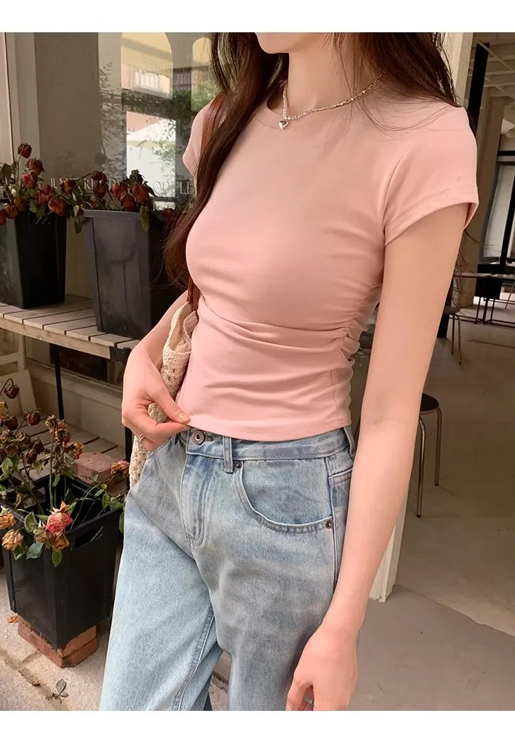 Women's Basic Solid Crop Top Short Sleeve Crewneck Skinny T-shirt Summer Casual Y2K Vintage Harajuku Streetwear