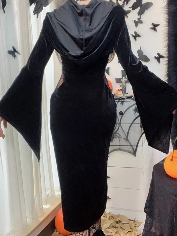 Black Gothic Y2k Two Piece Set Women Designer Elegant Dress Suit Female Winter 2024 Long Sleeve Hooded Shawl + Open Fork Dress