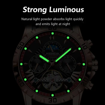 POEDAGAR Automatic Mechanical Tourbillon Wristwatch Luxury Watch for Men Waterproof Luminous Date Week Leather Men's Watches+box 3