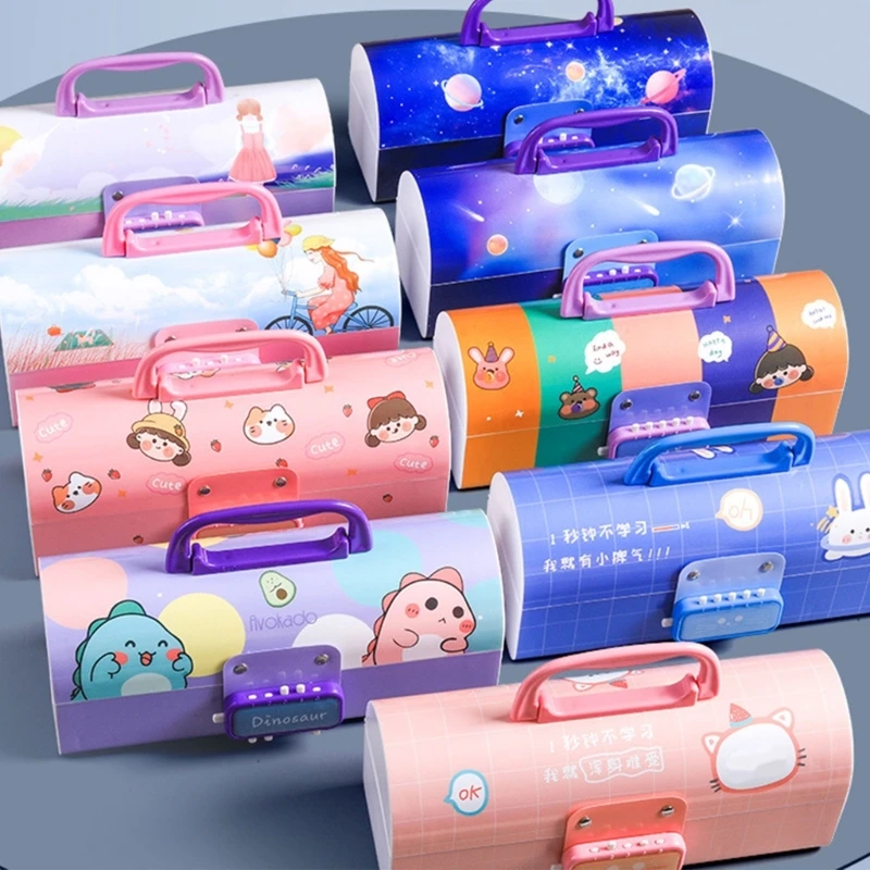 

Pencil Case with Password Lock and Handle Cute Cartoon Pen Box Organizer Large Capacity Pencil Box School Supplies