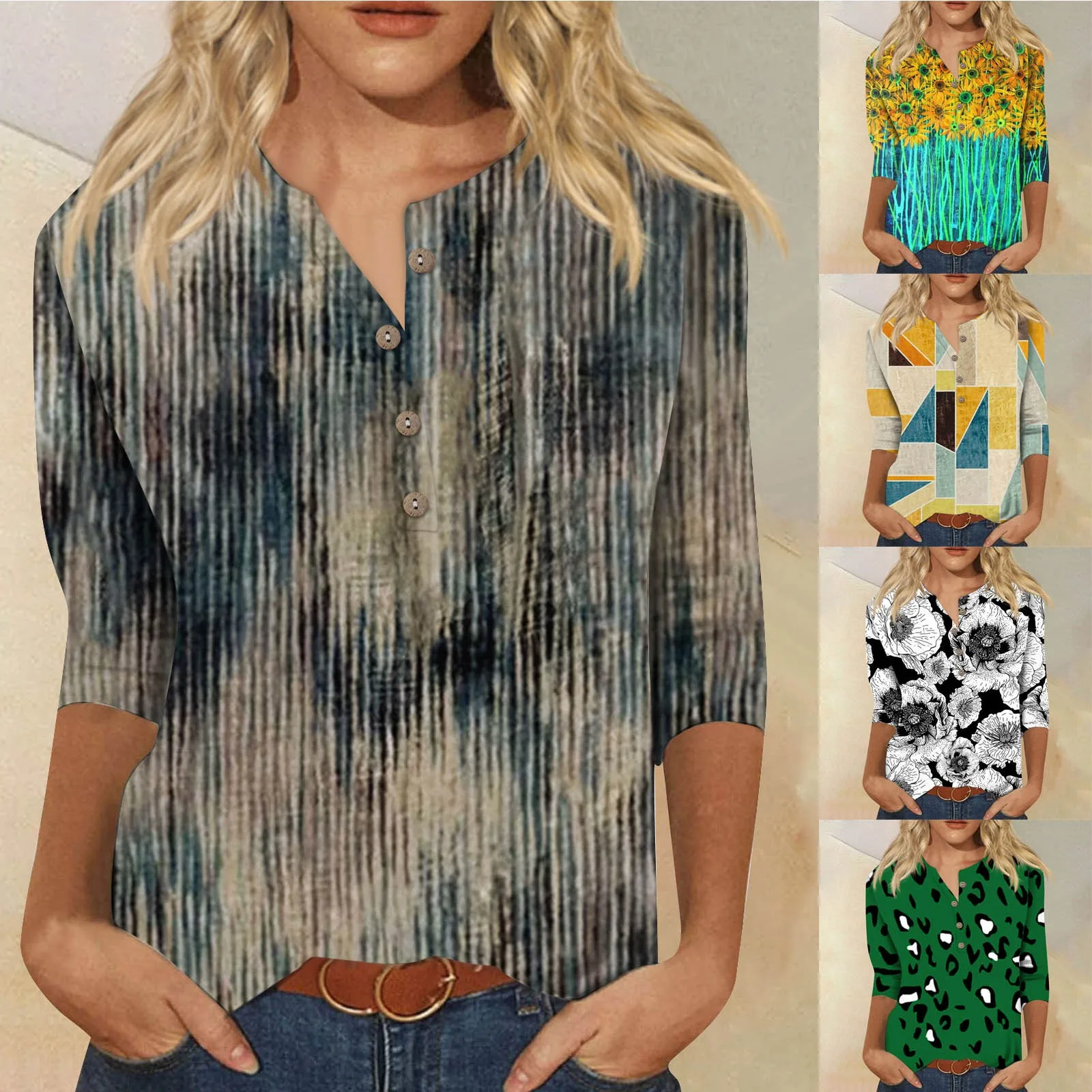 Mezza Camicia Da Donna Estiva Top Casual Retro Elements Slim Fit Stampa Camicia Con Scollo A V Manica 3/4 Slim Fit T-Shirt Underlay