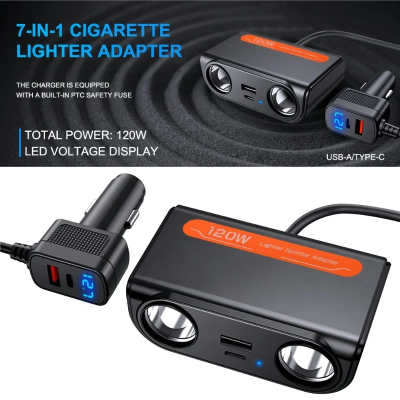 Car Cigarette Lighter Adapter USB PD Power Socket with LED Voltmeter Car Cigarette Splitter 120W 12-24V Auto Accessories