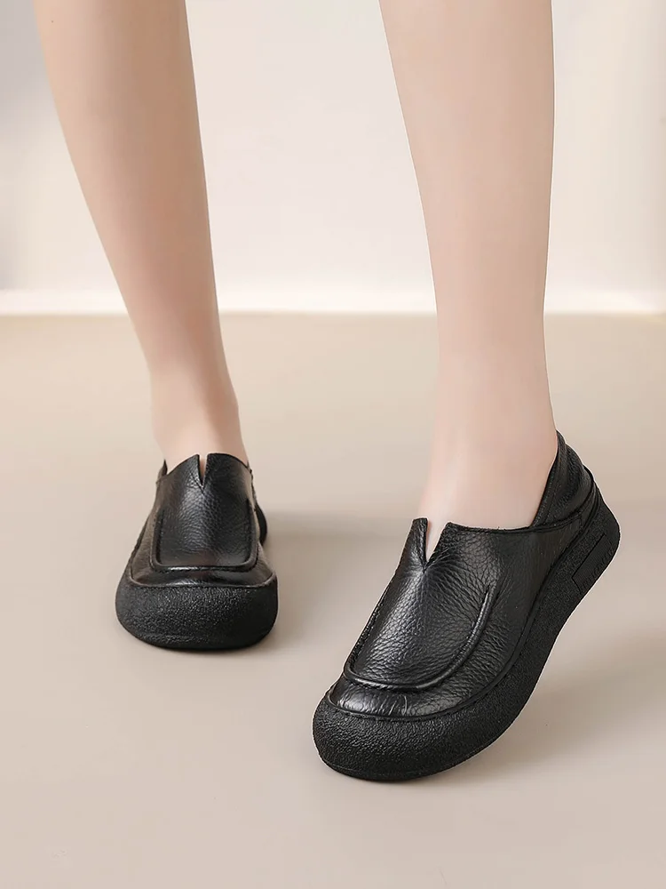 Original Natürliche Leder Schuhe für Frauen Vintage Komfort Runde Kappe Schnalle Wohnungen Frau Slip Auf Orthopädische Loafers Damen Mokassins – Detail 4