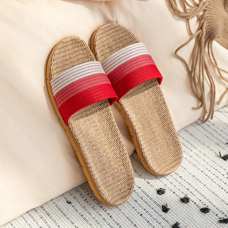 사계절 여성용 편안한 린넨 오픈 토 슬리퍼, 통기성 슬리퍼, 부드러운 플랫, 사일런트 홈 신발, 커플 대마 슬리퍼