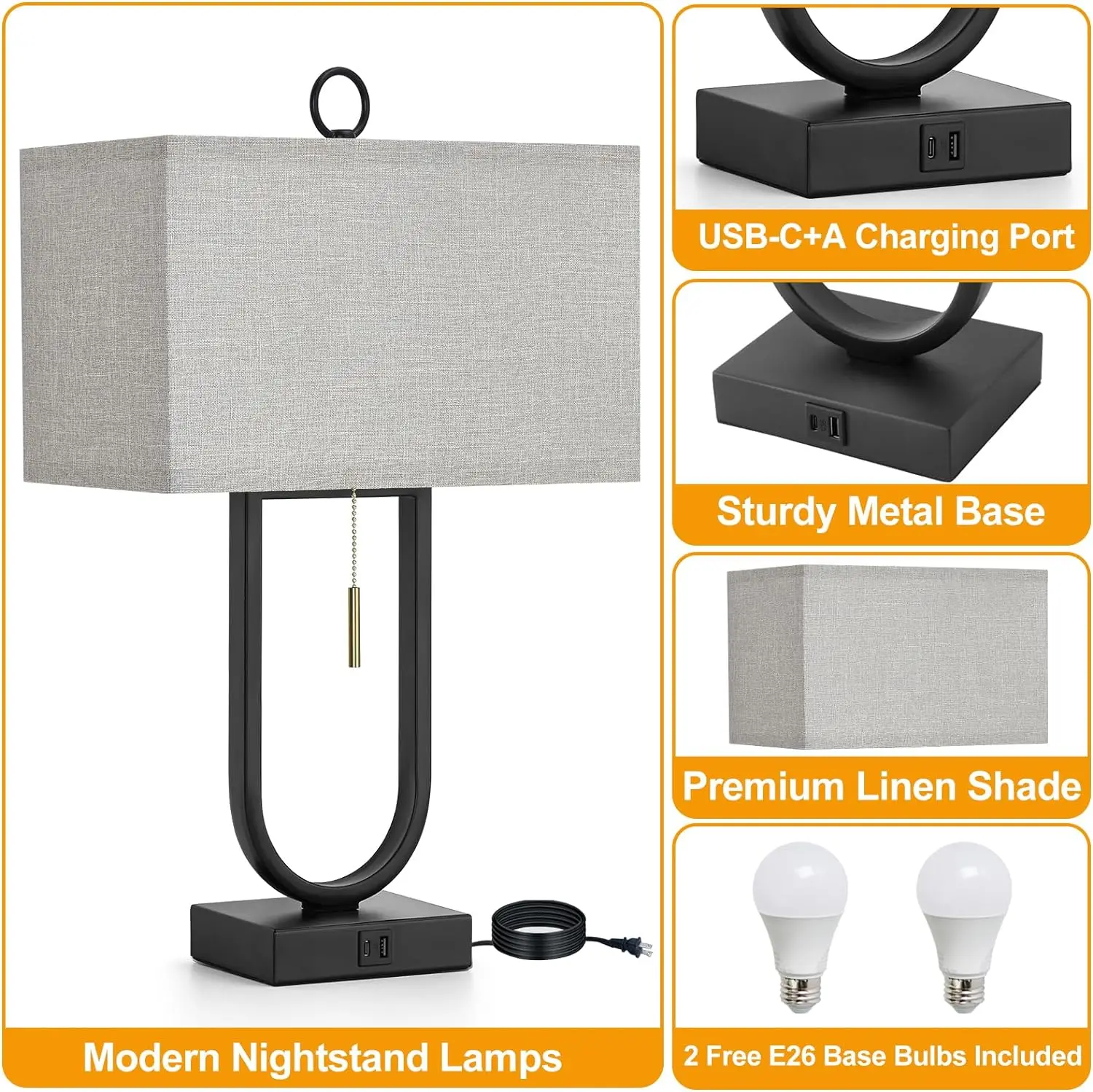 Nightstand Lamps Set of 2 USB C + A Ports 24'' Tall Table Lamp Two 3000K LED Bulbs Linen Lampshade