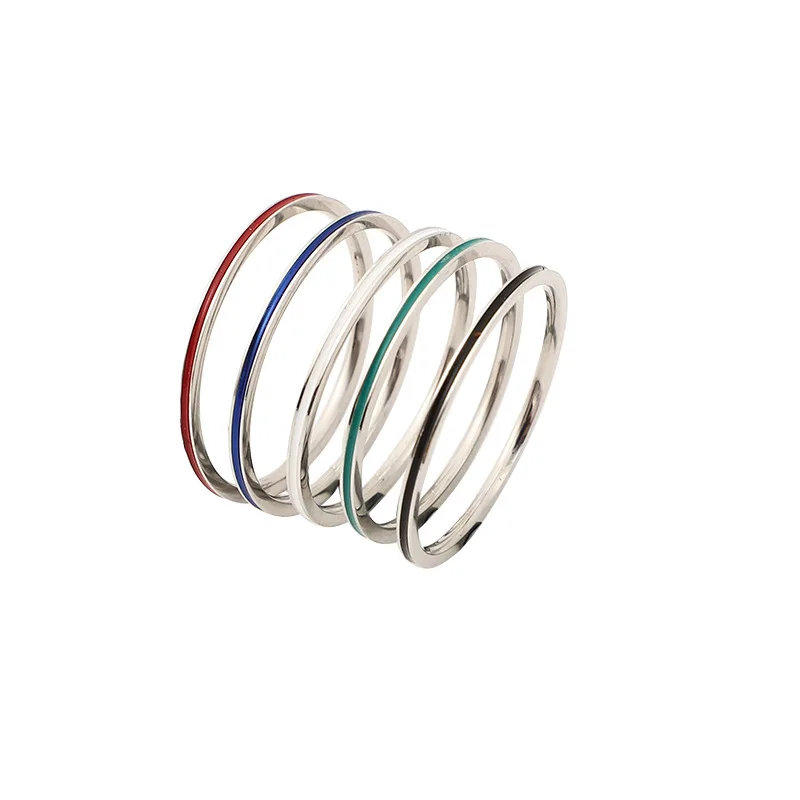 간단한 1MM 얇은 스테인레스 스틸 커플 반지 여성 남성 에나멜 반지 패션 클래식 연인 손가락 보석 생일 선물 