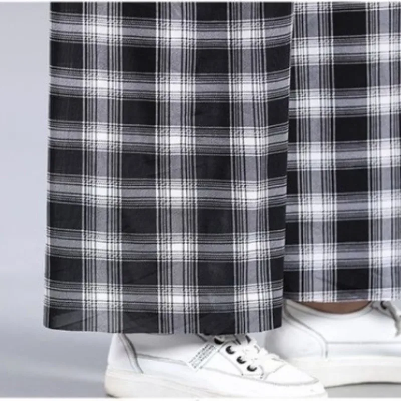 2023 Spring and Autumn Women's High Waist Drawstring Folds Plaid Loose Patchwork Fashion Casual Elegant Commuter Wide Leg Pants