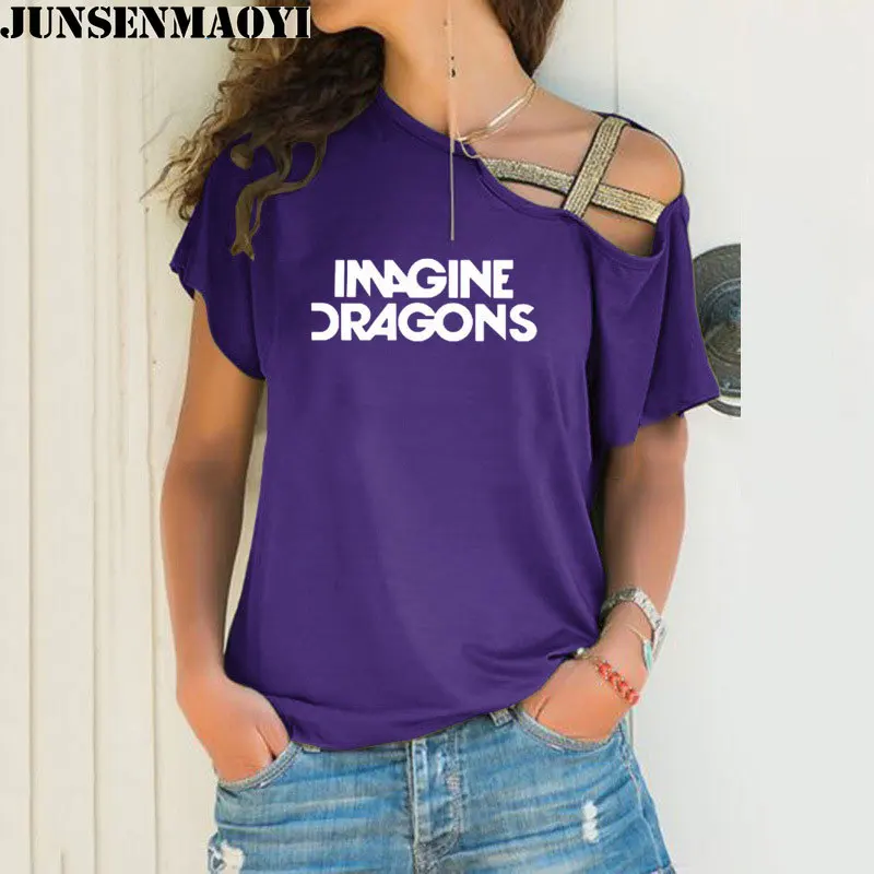 Woman t shirt Imagine Dragons Funny Tee Top Short Sleeve Female clothing T-Shirt Irregular Skew Cross Bandage Tops 5
