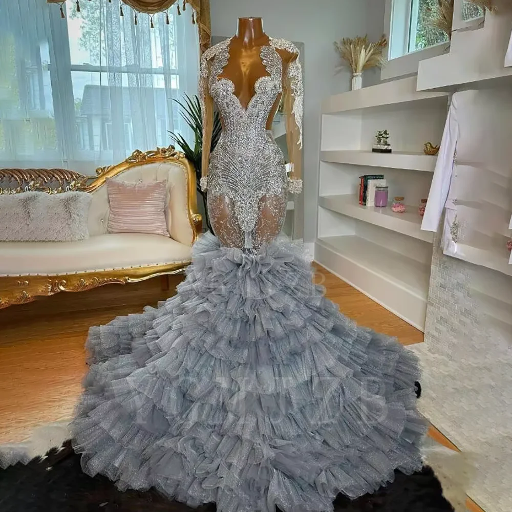 Silver Glitter Rhinestone Bead Mermaid Long Prom Dresses For Black Girls Full Sleeves Tiered Evening Gown Customsized