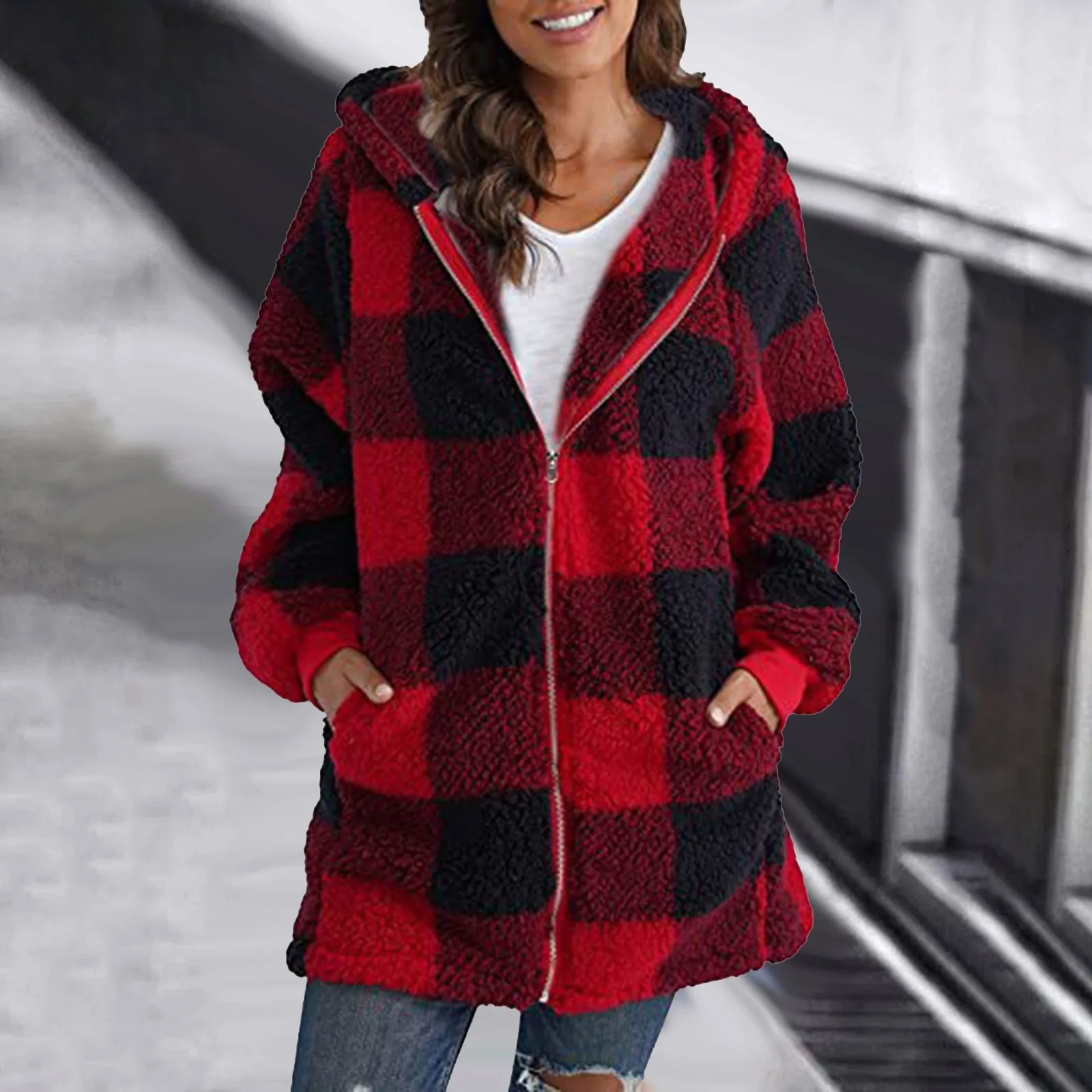 Women's Fashion Zipper Plush Coat Loose Long Sleeve Plaid Patckwork Hooded  Coat Zipper With Pocket Loose Coat Er Tech Jacket - AliExpress