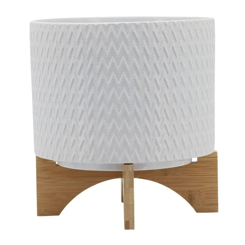 

White Chevron Pattern Round Ceramic Planter Pot with Wooden Stand - 11"