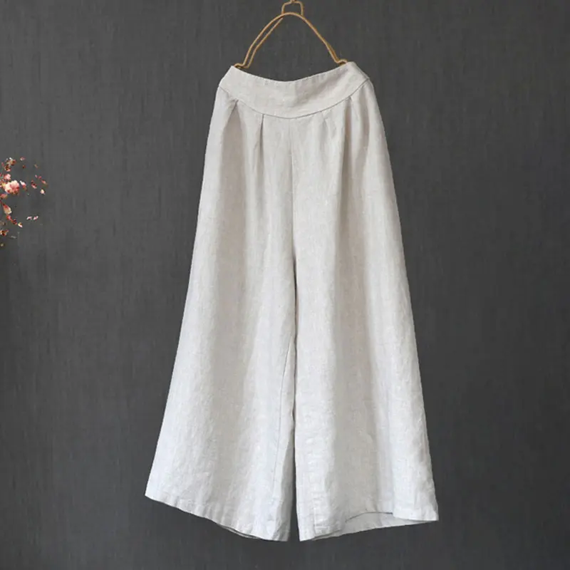 2021 Cotton Linen Nine Capris Pants Women Elastic Waist Wide Leg Pants Casual Vintage Linen Straight Wide Leg Trousers