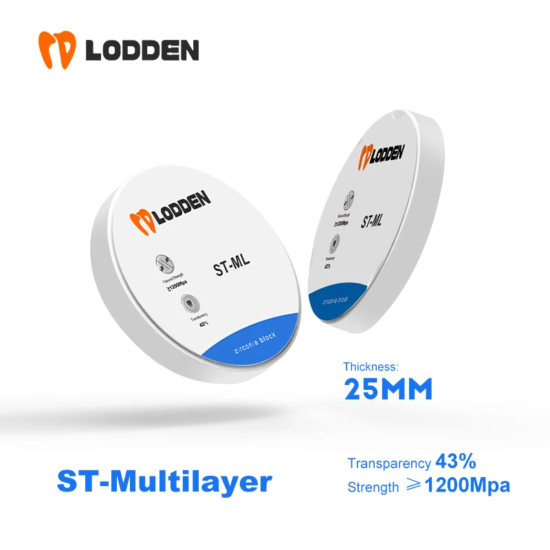 

LODDEN ST-ML Multilayer Zirconia Blocks Dental Lab CAD CAM 98/95 * 25mm Teeth Whitening 43% High Strength ≥1200 Zirconia VITA 16