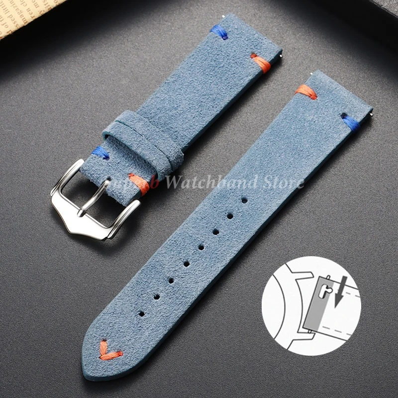 Vintage Suede Leather Watch Strap with Handmade Stitching – Soft and Universal Replacement Wristband