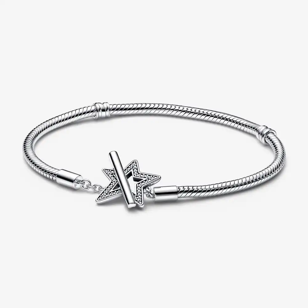 

925 Sterling Silver Asymmetric Star T-bar Snake Chain Bracelet For Women Fit European DIY Style Charms Beads Jewelry
