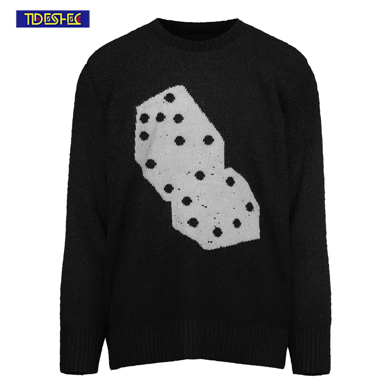 

Men and Women Knitted Japanese Sweater Casual Dice Pattern Pullover Round Neck Winter Long Sleeve Loose High Street Knit Sweater