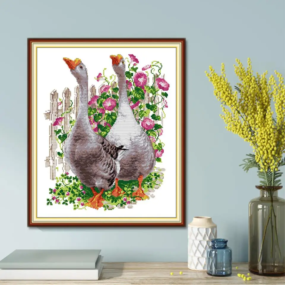 Lovers Gans Und Blumen Bild Kreuz Stich Kits 14CT 11CT Weiß Stoff Gedruckt Stickerei Set DIY Hand Nähen Hand – Detail 4
