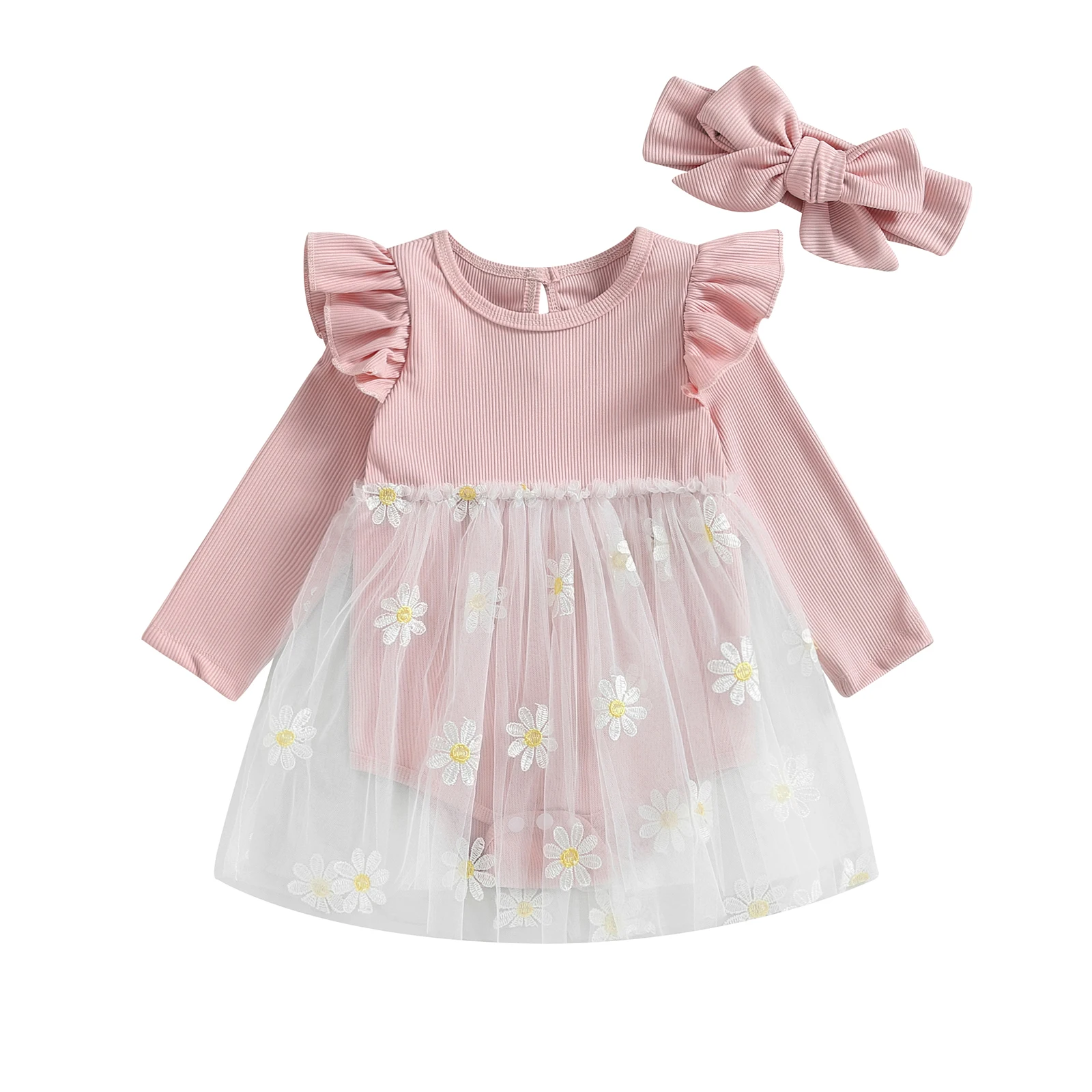 

BeQeuewll Baby Girls Autumn Romper Dress Long Sleeve Ruffle Floral Embroidery Mesh Princess Clothes with Headband