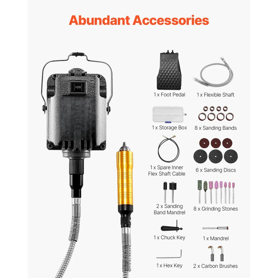 Amoladora De Eje Flexible VEVOR 1000W - Herramienta Rotativa Con 30,000 RPM, Pedal Y 31 Accesorios Para Tallar Y Pulir