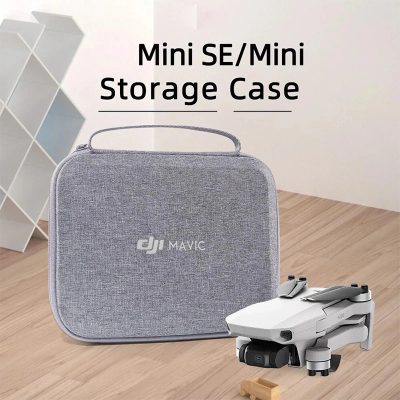 Vue latérale du sac de transport pour drone DJI Mini SE, avec fermeture éclair robuste et poche avant zippée.