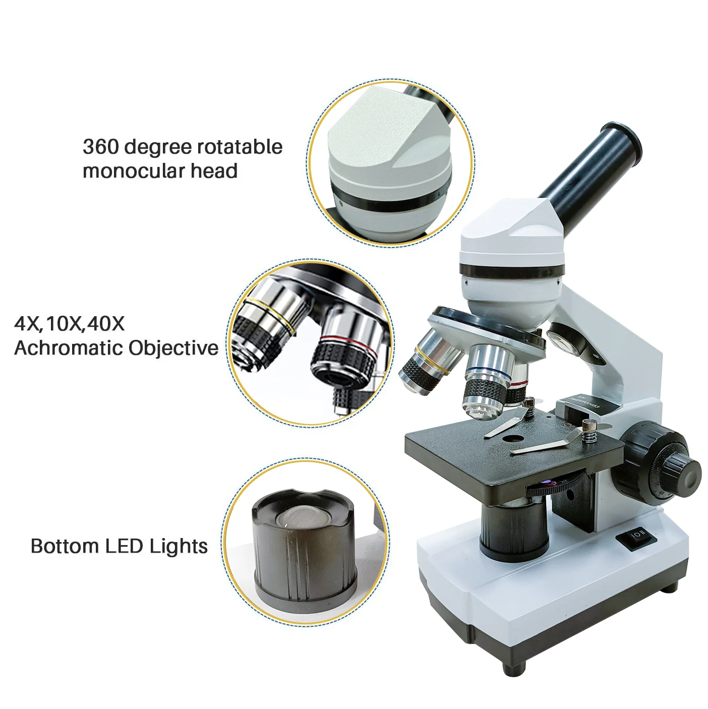 Microscope optique monoculaire pour adultes, grossissement 40x