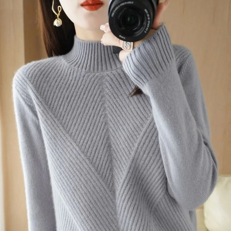 2023 Autumn Winter Women Sweaters Pullovers New Solid Half Turtleneck Twill Knitted Sweater Female Bottom Jumpers Tops Clothing