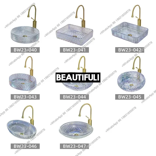 อ่างล้างหน้าแบบตั้งโต๊ะโรงแรม RR Glass อ่างล้างมือ อ่างล้างหน้าแบบหล่อขึ้นรูปด้วยคริสตัลเคลือบสีสันสดใสแบบโปร่งใสสำหรับระเบียง 3