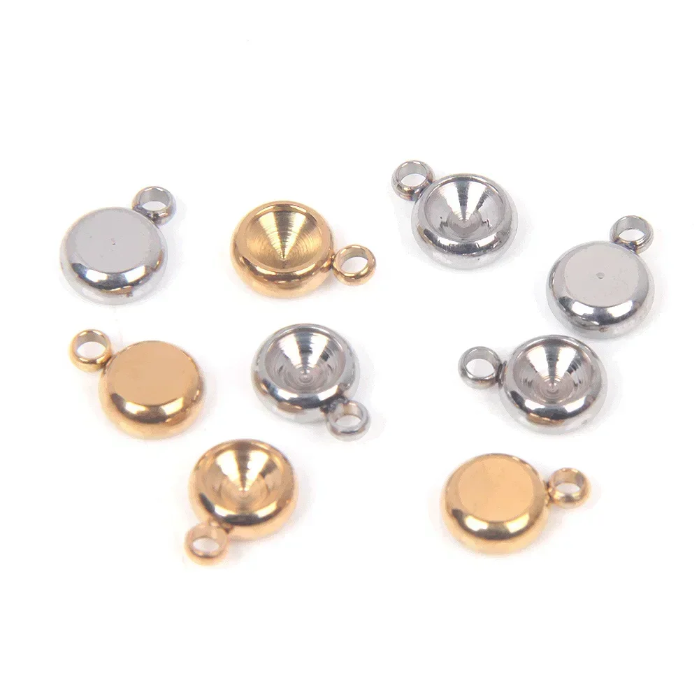 20 stücke 6mm Edelstahl runden Boden Stein Unterstützung Gold Farbe Kristall Charms für Halskette Armband Schmuck machen Charme DIY